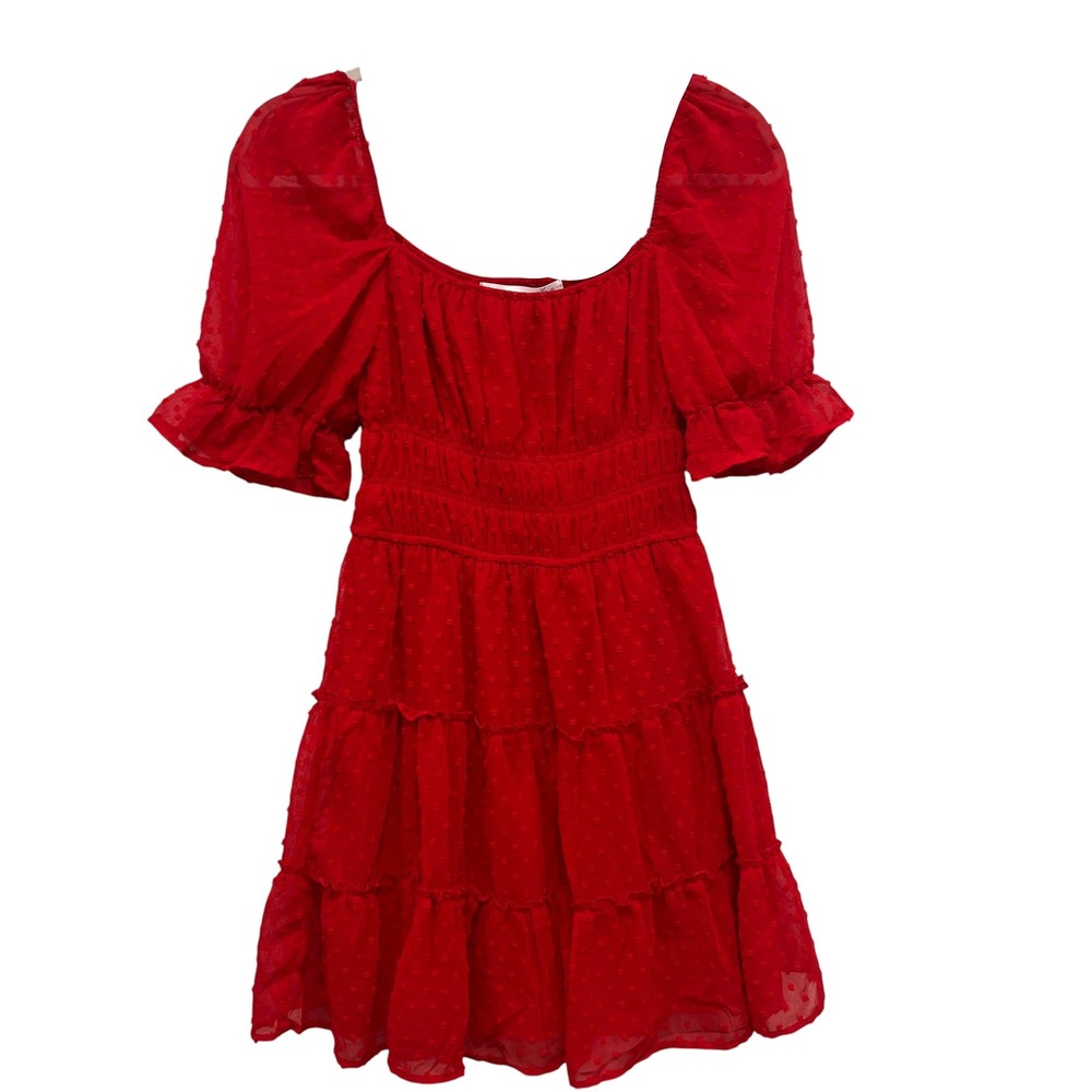 Altar'd State Red Clip Dot Smocked Tiered Mini Dress Puff Sleeve 26X087CKZI S